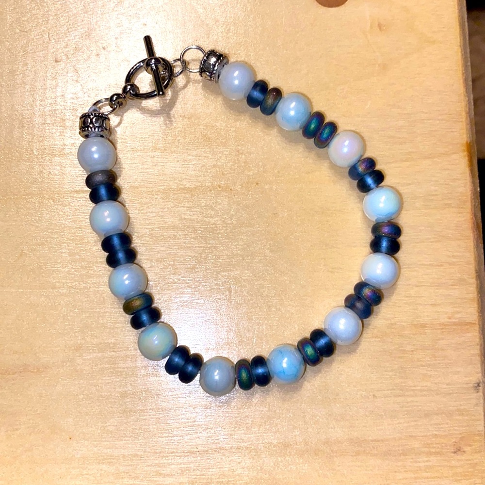 Handmade glass beaded bracelet.  8”inches long. Blue